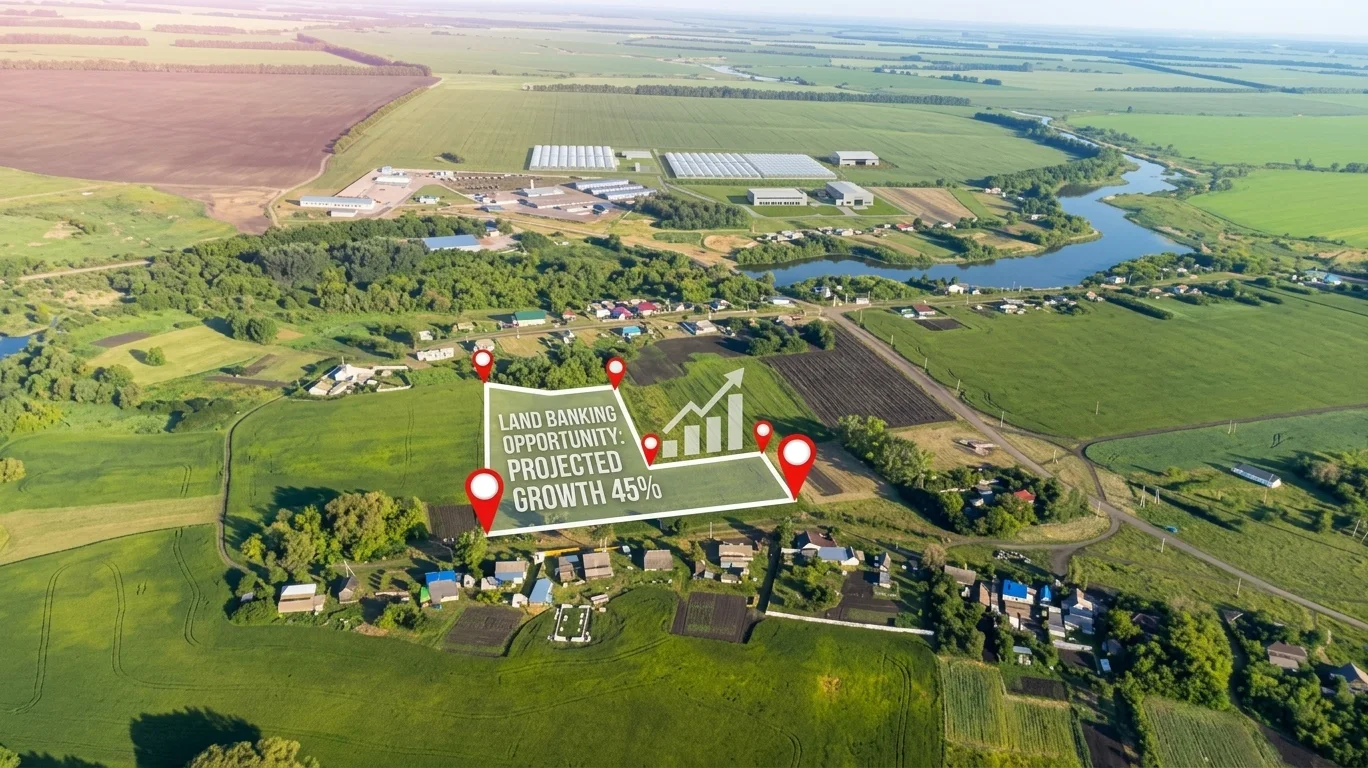 Aerial view illustrating a land banking opportunity and projected growth