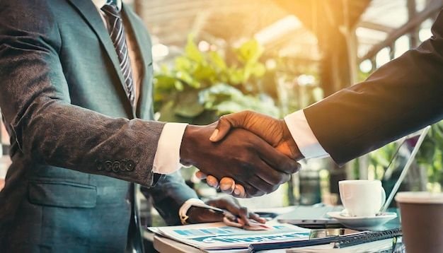 Business partners shaking hands over a real estate agreement